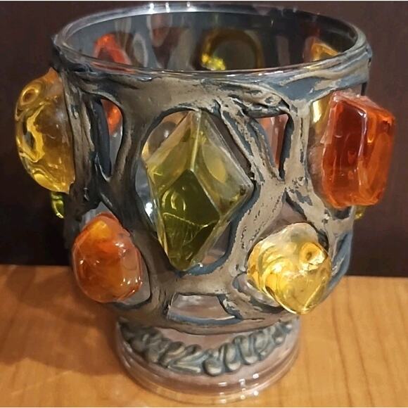 Vintage Stained glass Bead Votive Candle Holder 70s orange yellow green goblet - Picture 3 of 7